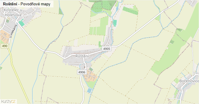 Roštění - záplavové mapy stoleté vody