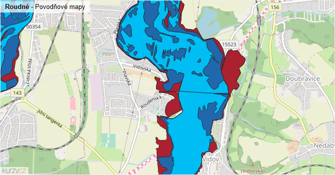 Roudné - záplavové mapy stoleté vody
