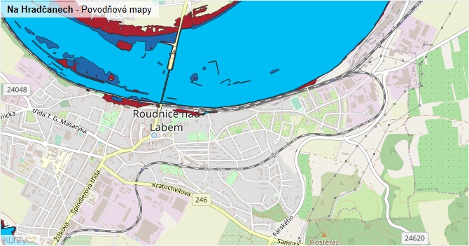 Na Hradčanech - záplavové mapy stoleté vody