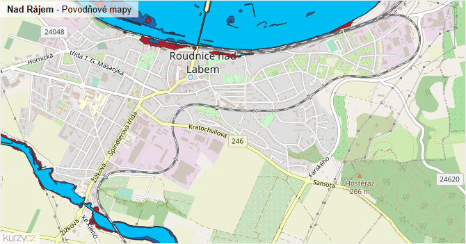 Nad Rájem - záplavové mapy stoleté vody