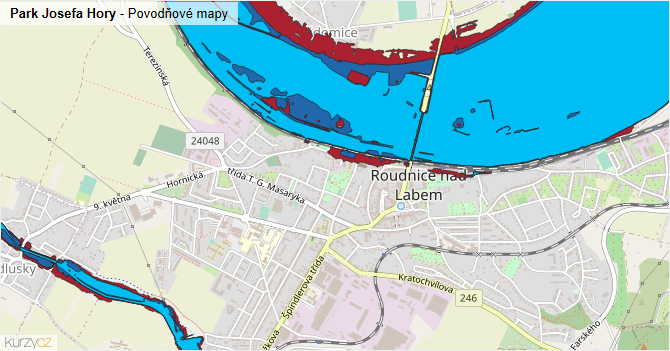 Park Josefa Hory - záplavové mapy stoleté vody