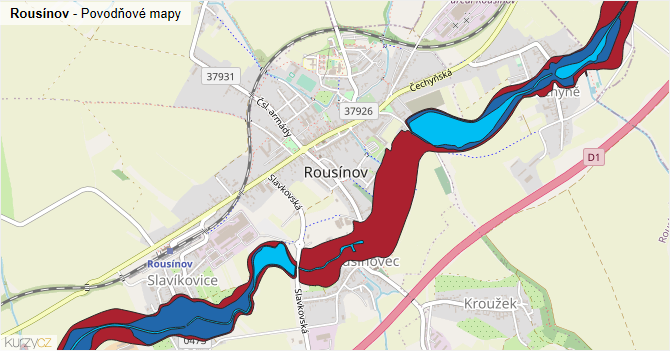 Rousínov - záplavové mapy stoleté vody