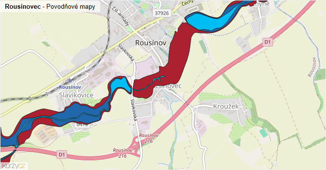 Rousínovec - záplavové mapy stoleté vody