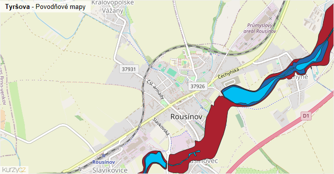 Tyršova - záplavové mapy stoleté vody
