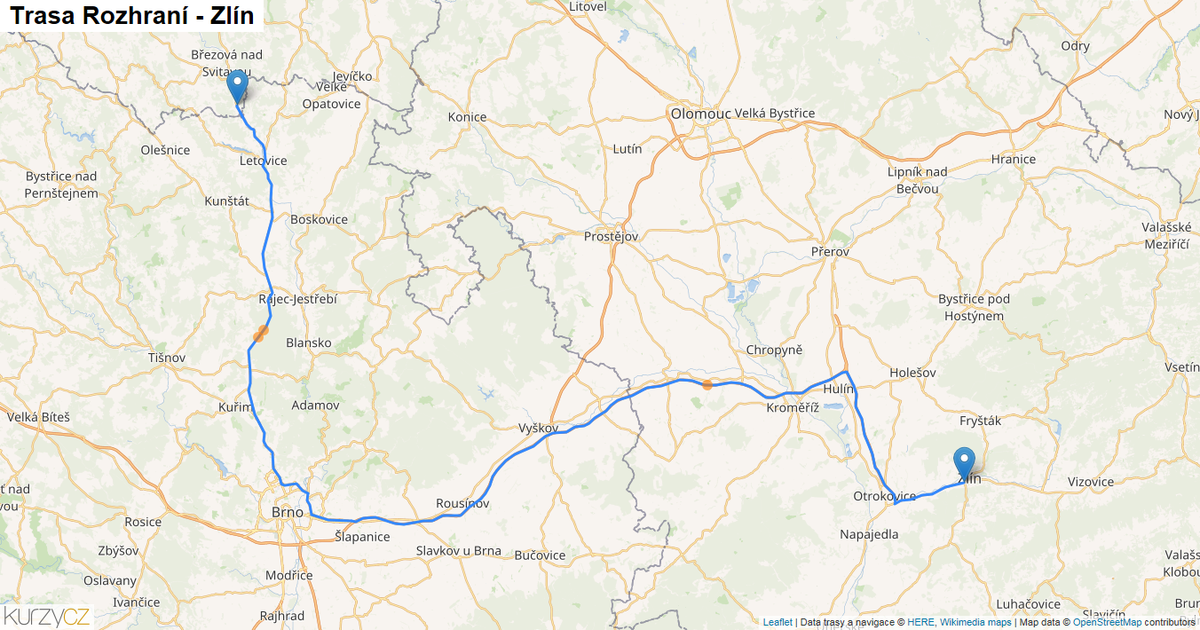 Rozhraní-Zlín, mapa trasy