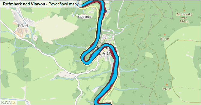 Rožmberk nad Vltavou - záplavové mapy stoleté vody