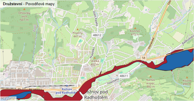 Družstevní - záplavové mapy stoleté vody