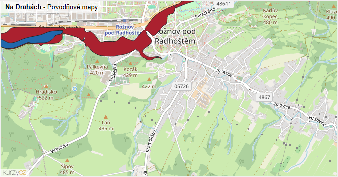 Na Drahách - záplavové mapy stoleté vody