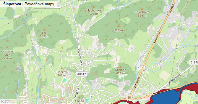 Šlapetova - záplavové mapy stoleté vody