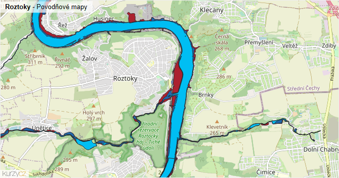 Roztoky - záplavové mapy stoleté vody