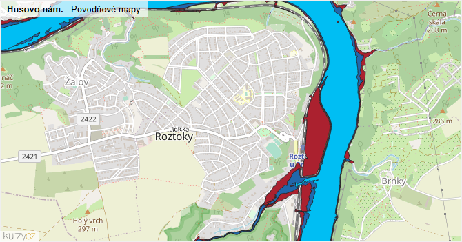 Husovo nám. - záplavové mapy stoleté vody