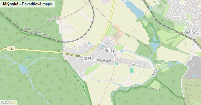 Mlýnská - záplavové mapy stoleté vody