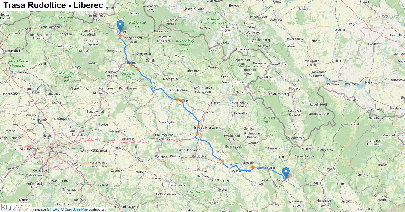 Rudoltice-Liberec, mapa trasy