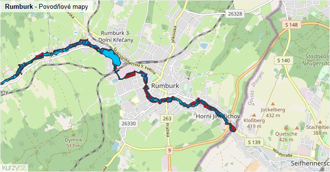 Rumburk - záplavové mapy stoleté vody