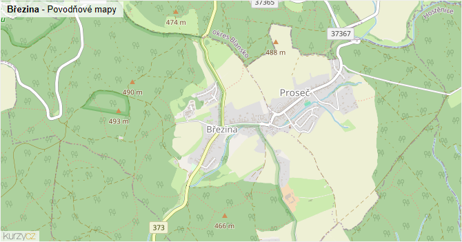 Březina - záplavové mapy stoleté vody