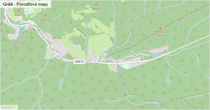 Grůň - záplavové mapy stoleté vody