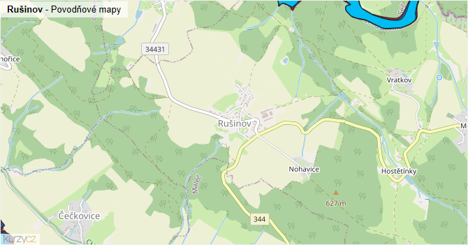 Rušinov - záplavové mapy stoleté vody