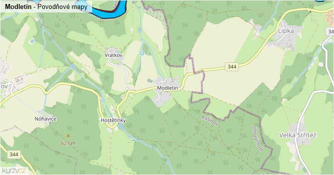 Modletín - záplavové mapy stoleté vody