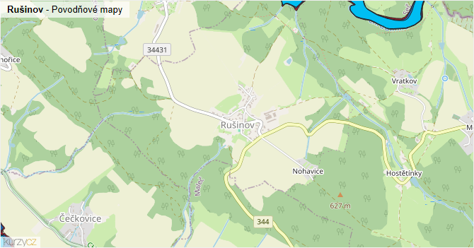 Rušinov - záplavové mapy stoleté vody