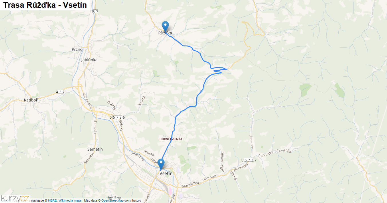 Růžďka-Vsetín, mapa trasy