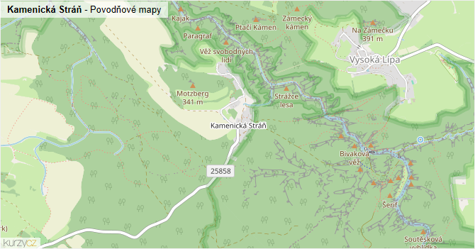 Kamenická Stráň - záplavové mapy stoleté vody