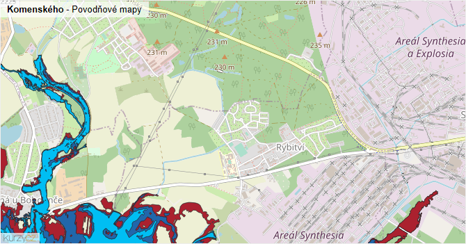 Komenského - záplavové mapy stoleté vody