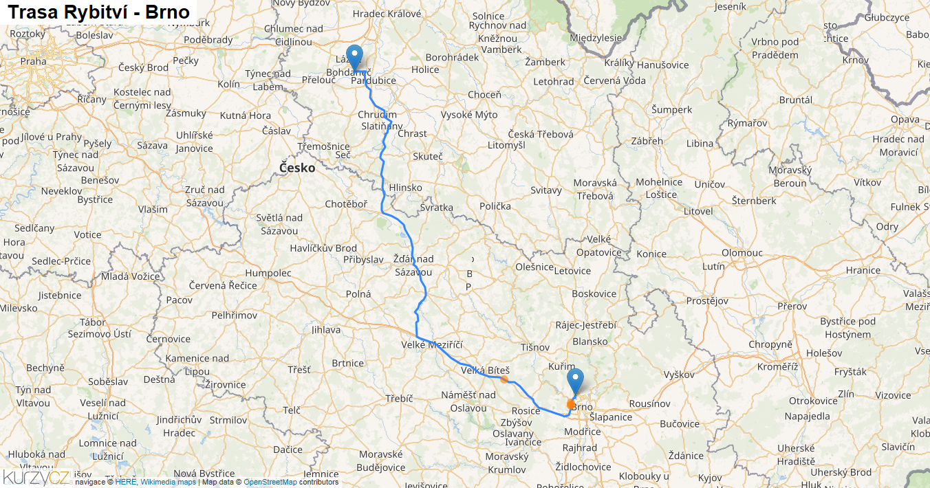 Rybitví-Brno, mapa trasy