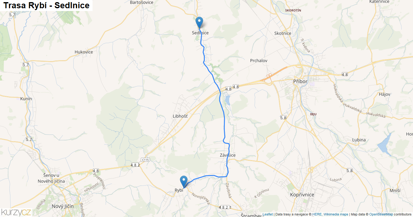 Rybí-Sedlnice, mapa trasy
