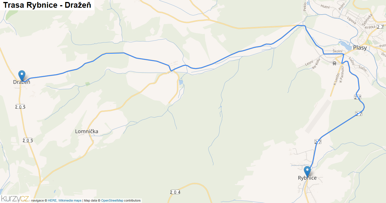 Rybnice-Dražeň, mapa trasy