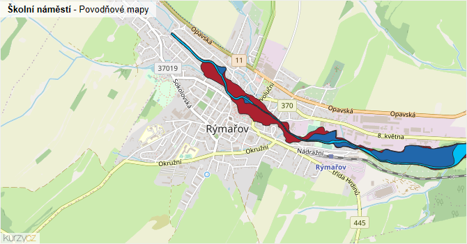 Školní náměstí - záplavové mapy stoleté vody