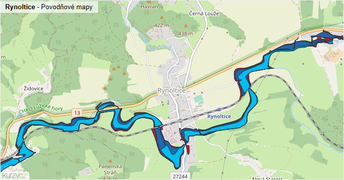 Rynoltice - záplavové mapy stoleté vody