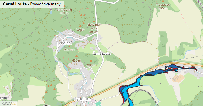 Černá Louže - záplavové mapy stoleté vody