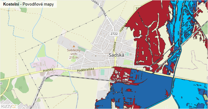 Kostelní - záplavové mapy stoleté vody