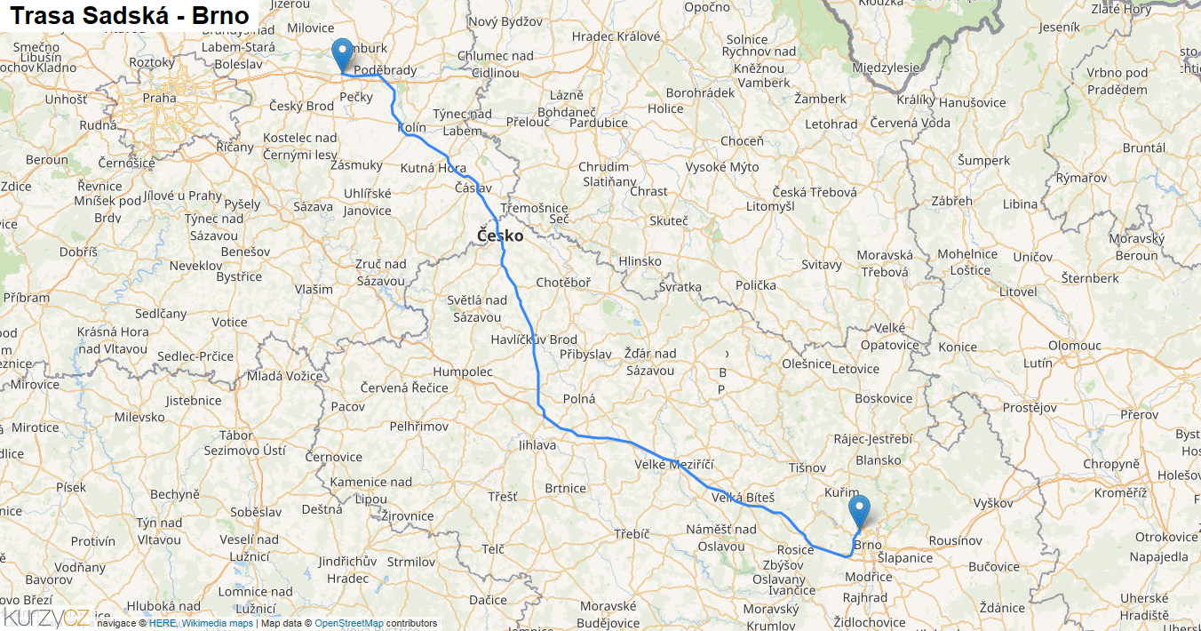 Sadská-Brno, mapa trasy