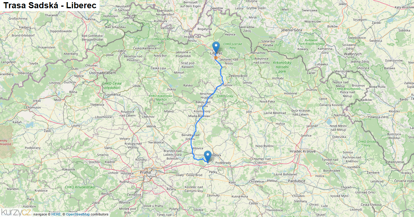 Sadská-Liberec, mapa trasy