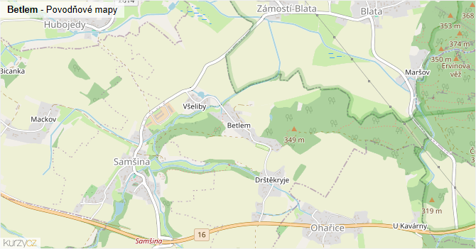 Betlem - záplavové mapy stoleté vody