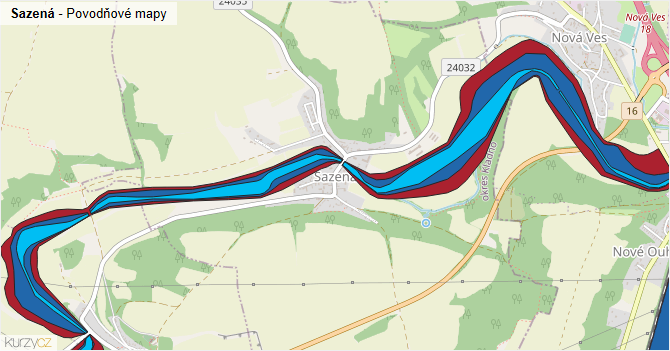 Sazená - záplavové mapy stoleté vody