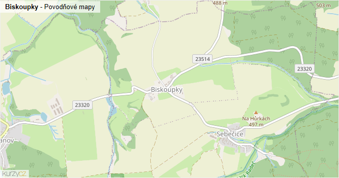 Biskoupky - záplavové mapy stoleté vody