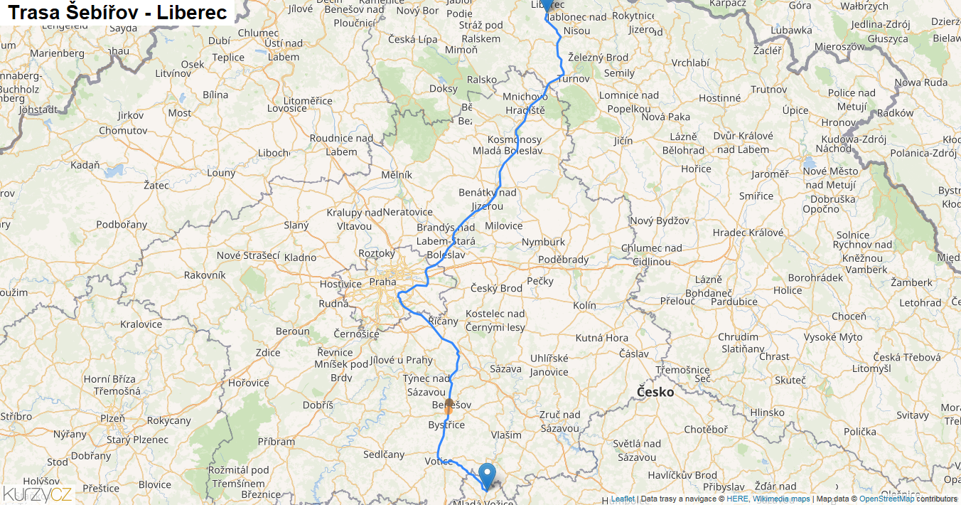 Šebířov-Liberec, mapa trasy