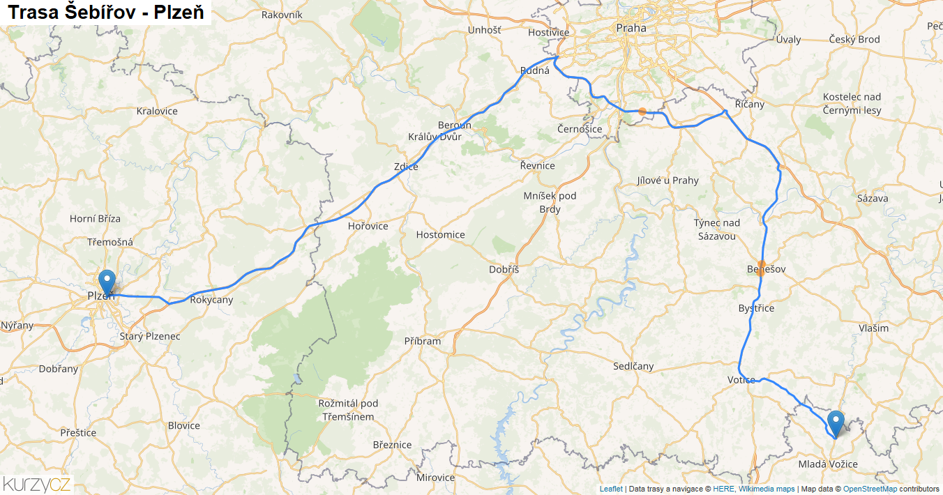 Šebířov-Plzeň, mapa trasy