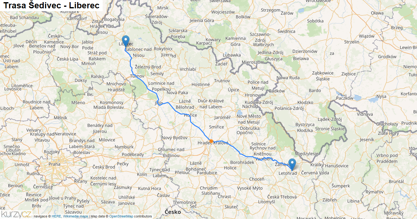 Šedivec-Liberec, mapa trasy