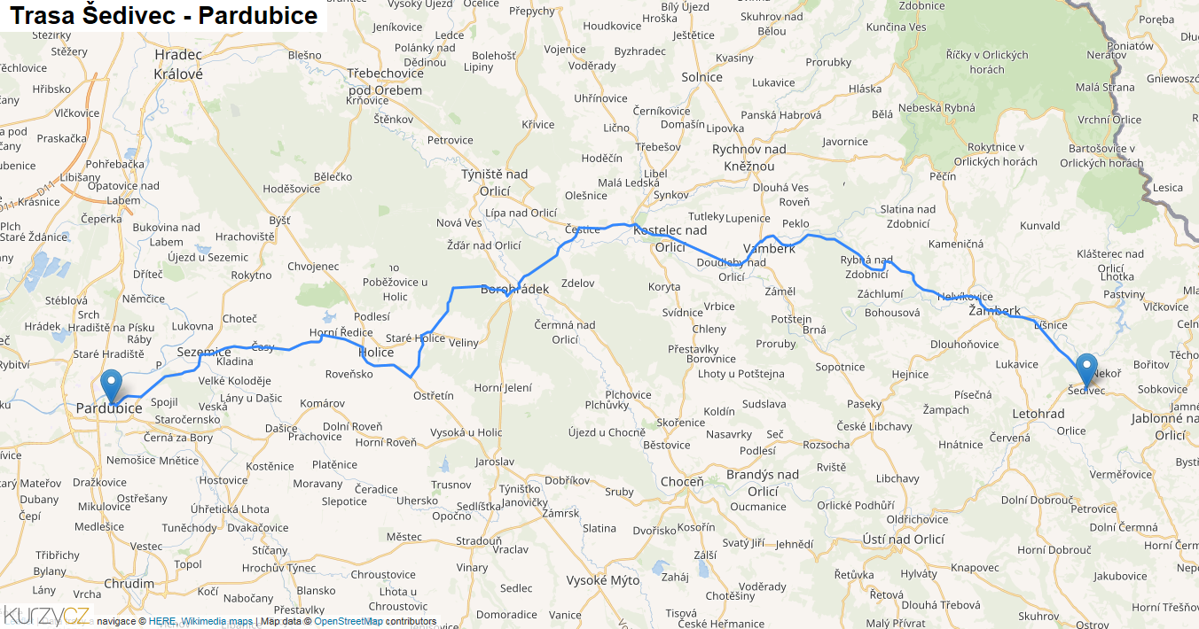 Šedivec-Pardubice, mapa trasy