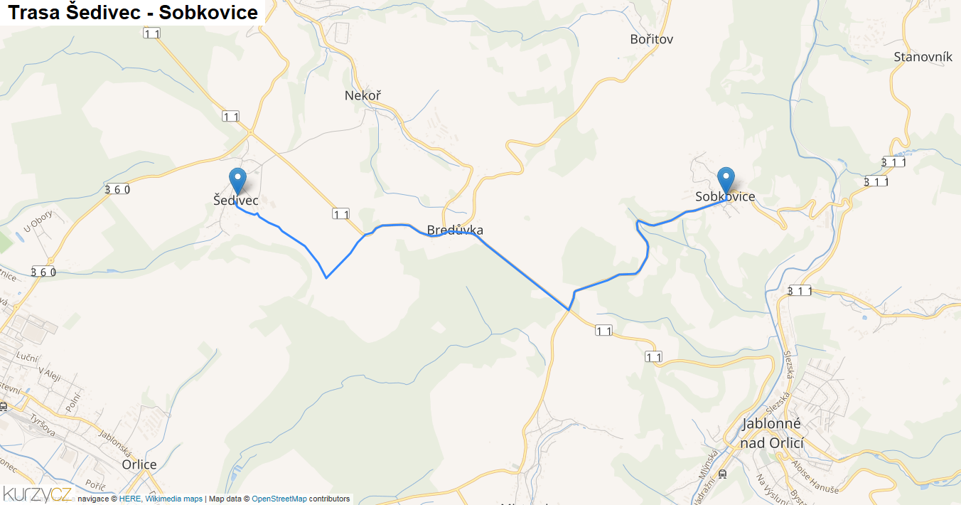Šedivec-Sobkovice, mapa trasy