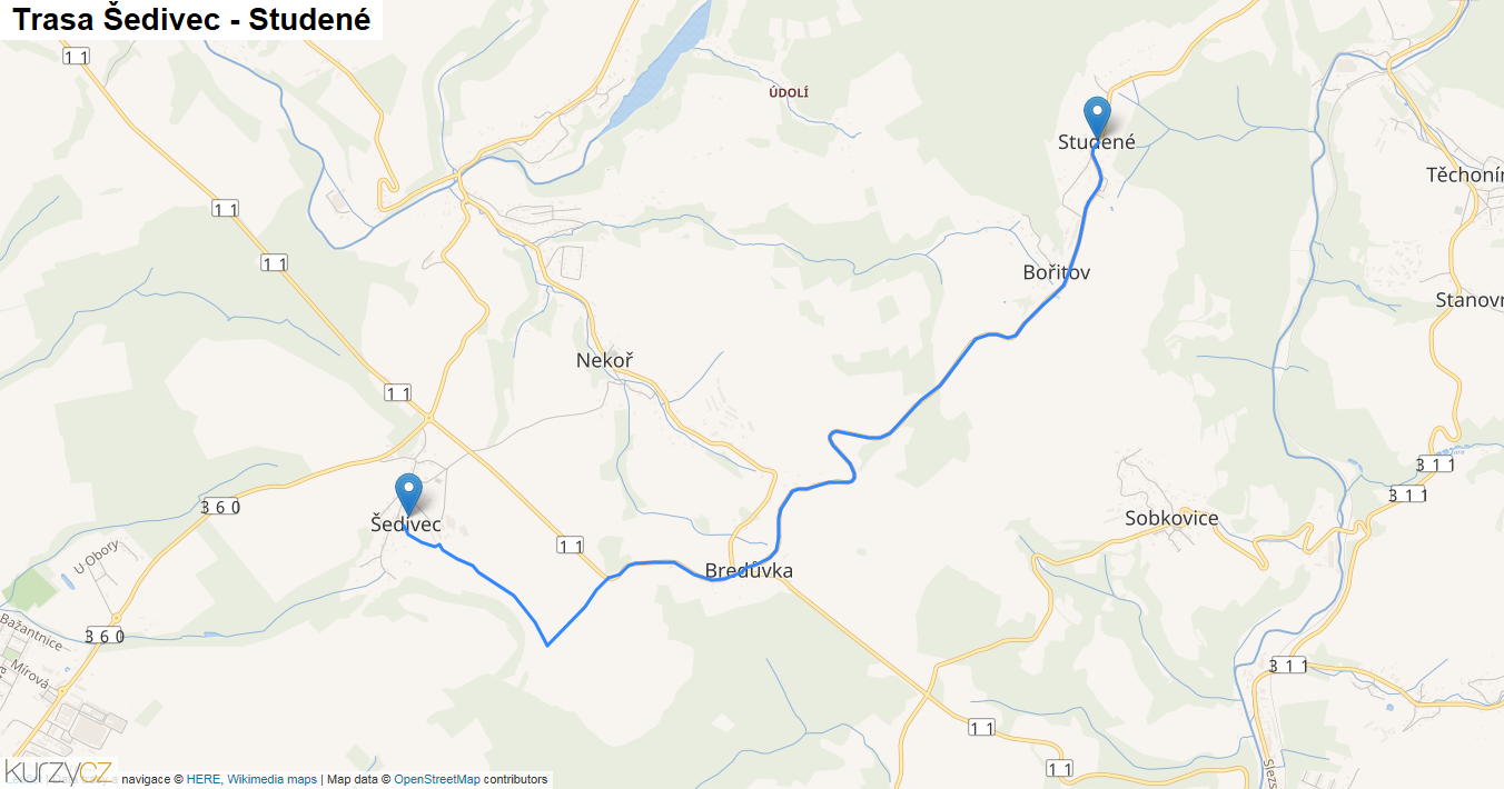 Šedivec-Studené, mapa trasy