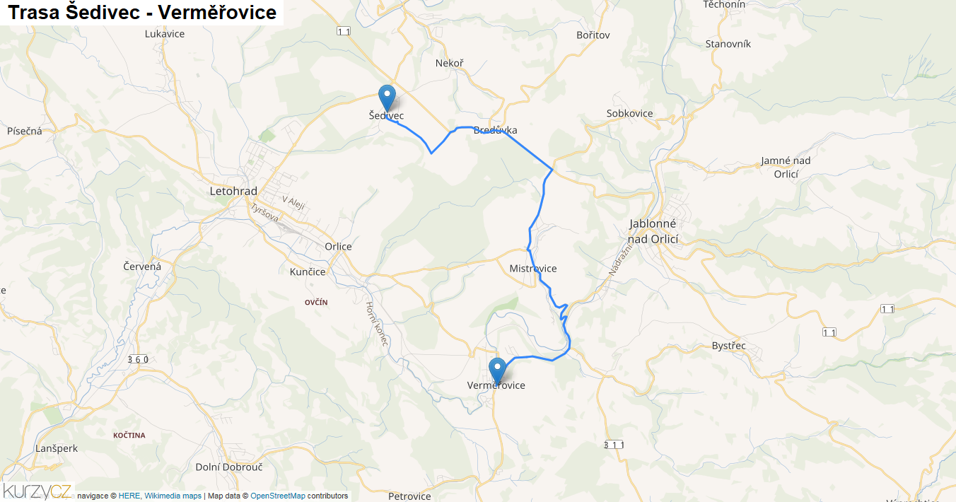 Šedivec-Verměřovice, mapa trasy