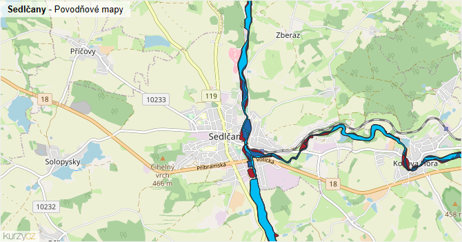 Sedlčany - záplavové mapy stoleté vody