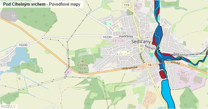 Pod Cihelným vrchem - záplavové mapy stoleté vody