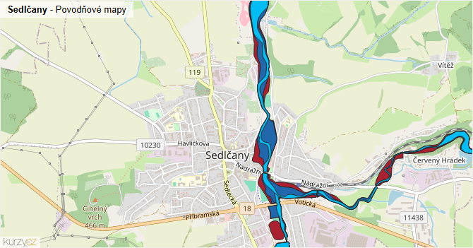 Sedlčany - záplavové mapy stoleté vody