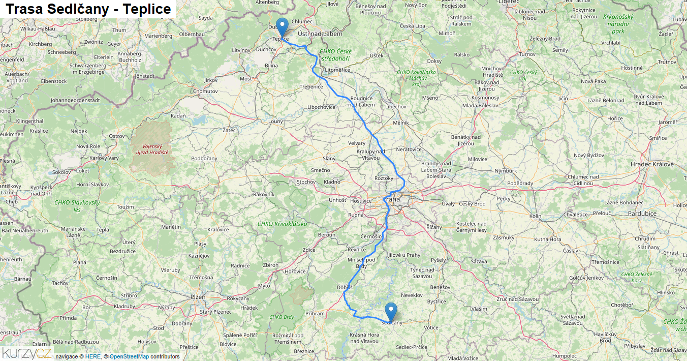 Sedlčany-Teplice, mapa trasy