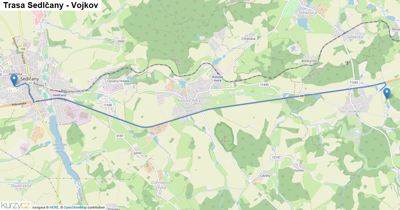 Sedlčany-Vojkov, mapa trasy